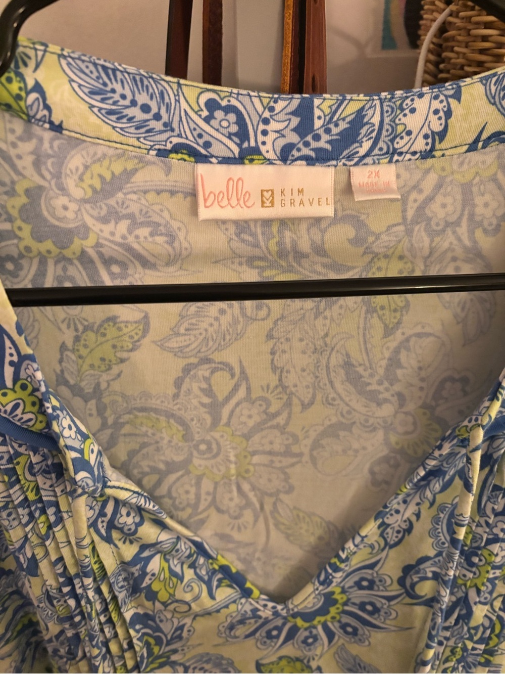 Belle by Kim Gravel Blue and Lime Paisley V-Neck Tunic with Tassels - Picture 2 of 3